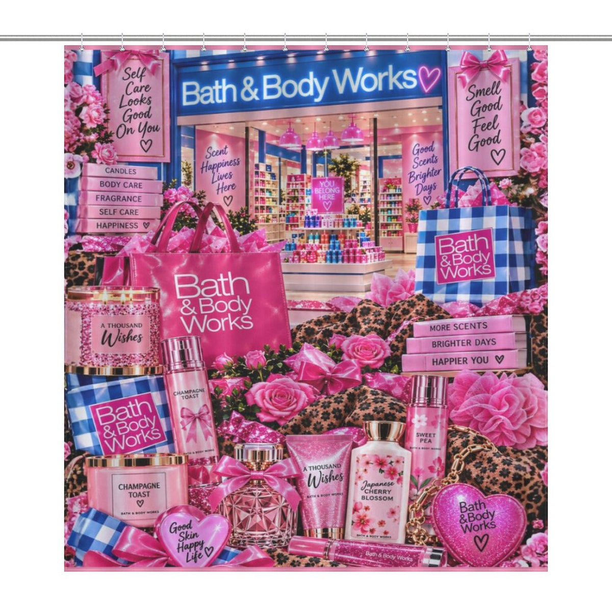 Pink & Blue Self Care Shower Curtain, Girly Bathroom Decor, Perfume Candle Floral Collage, Glam Beauty Bathroom