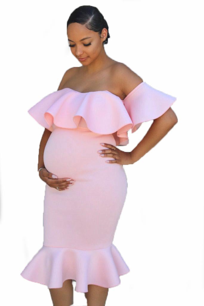 Elegant Maternity Ruffle Dress for Women – Stretchy Elastic Waist Pregnancy Dress | Comfortable Flowy Baby Shower, Casual & Photoshoot Outfit