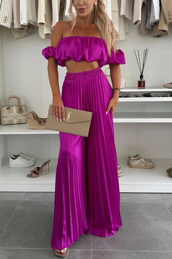 Women’s Satin Tube Top & Wide Leg Pants Set – 2 Piece Elegant Lounge Outfit | Summer Matching Set for Women | Sexy Formal Chic Suit