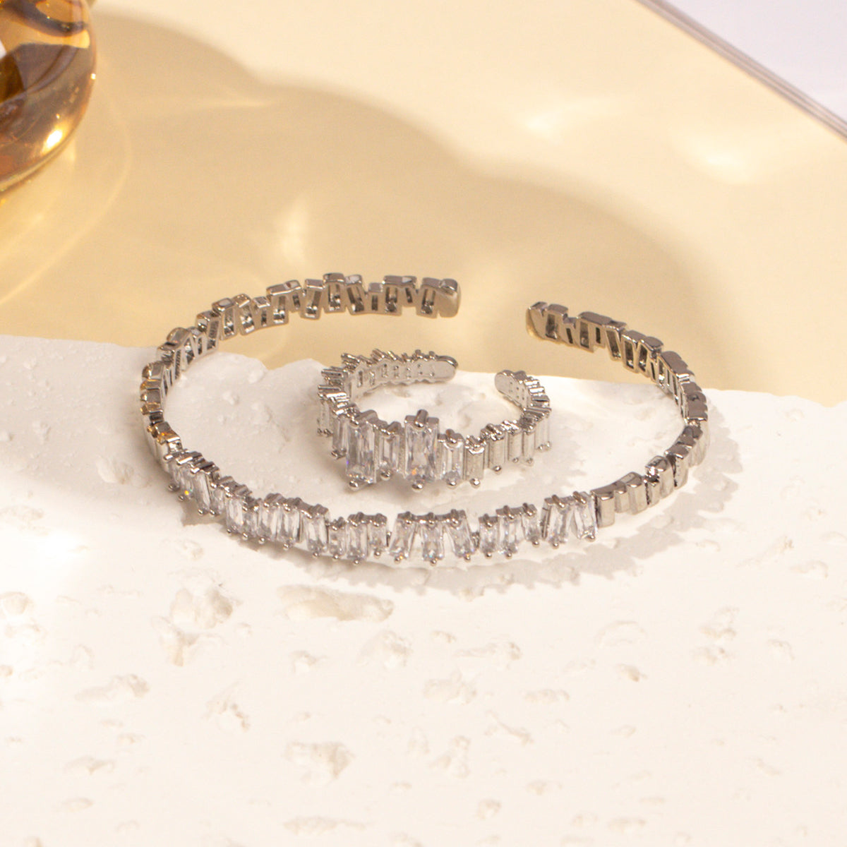 2PCS Fashionable Women’s Cubic Zirconia Wristband Rings – Irregular Inlaid Open Bangle Bracelets | Luxury Statement Jewelry Gift