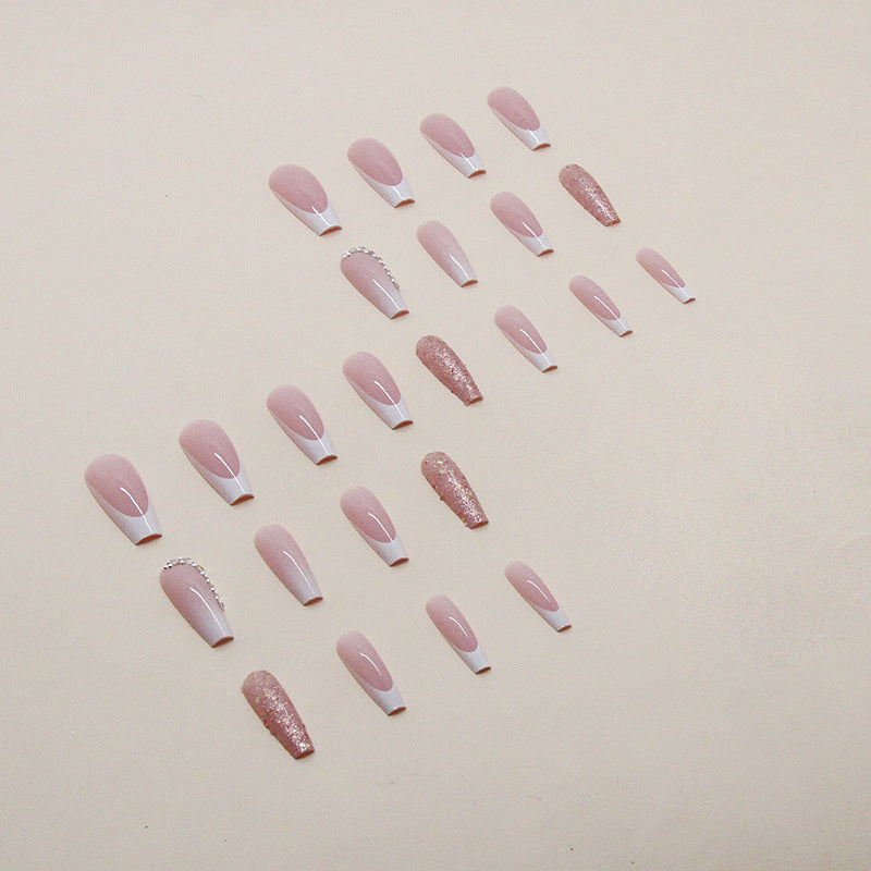 Women's Fashion Simple French Gradient Length Pile Rhinestone Fake Nails