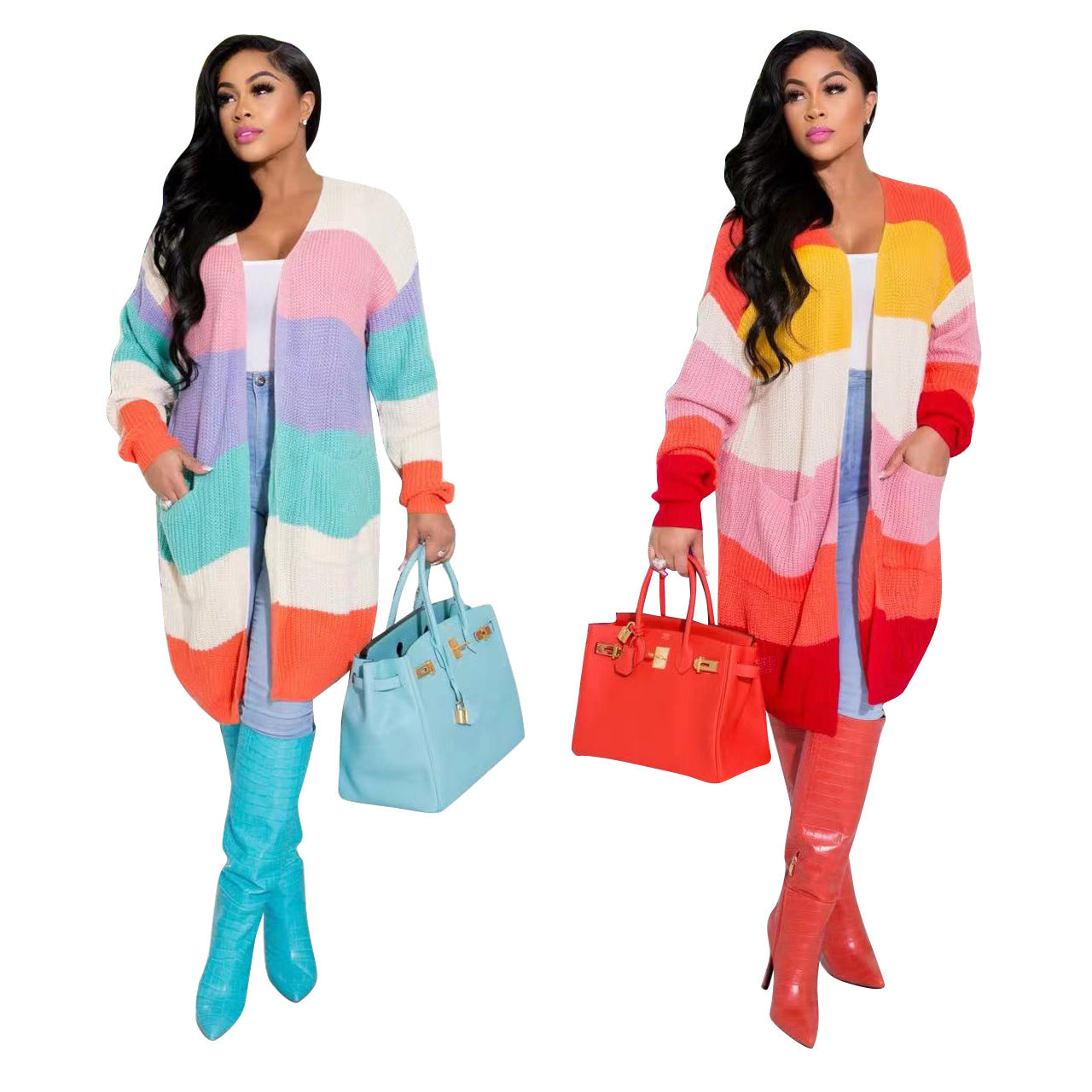 Chic Women's Multi-color Mosaic Knitted Cardigan - Long Sleeves