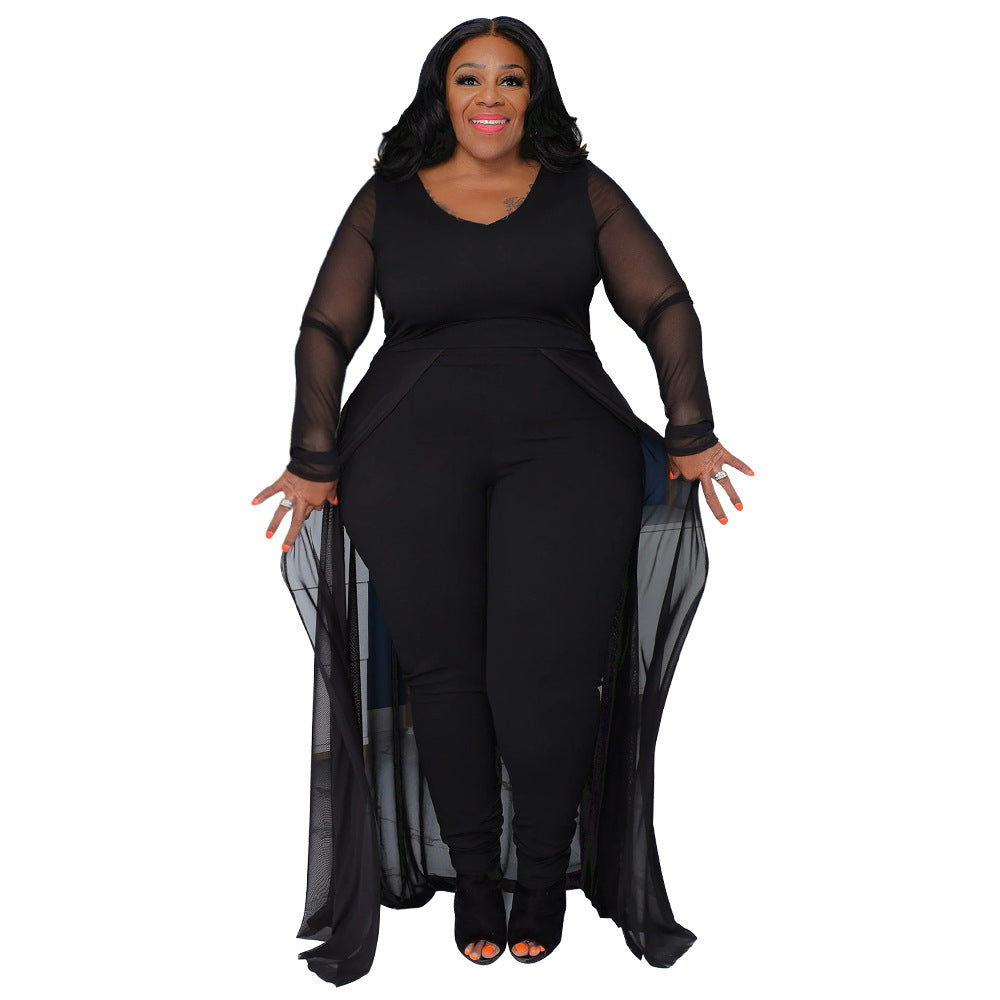 Women’s Long Sleeve Stretch Jumpsuit with Pockets – Casual Chic One-Piece Romper | Stylish Bodycon Stitching Jumpsuit for Fall & Winter Outfits