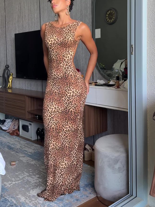 Backless Leopard Print Maxi Dress – Sexy Sleeveless Summer Party Dress for Women
