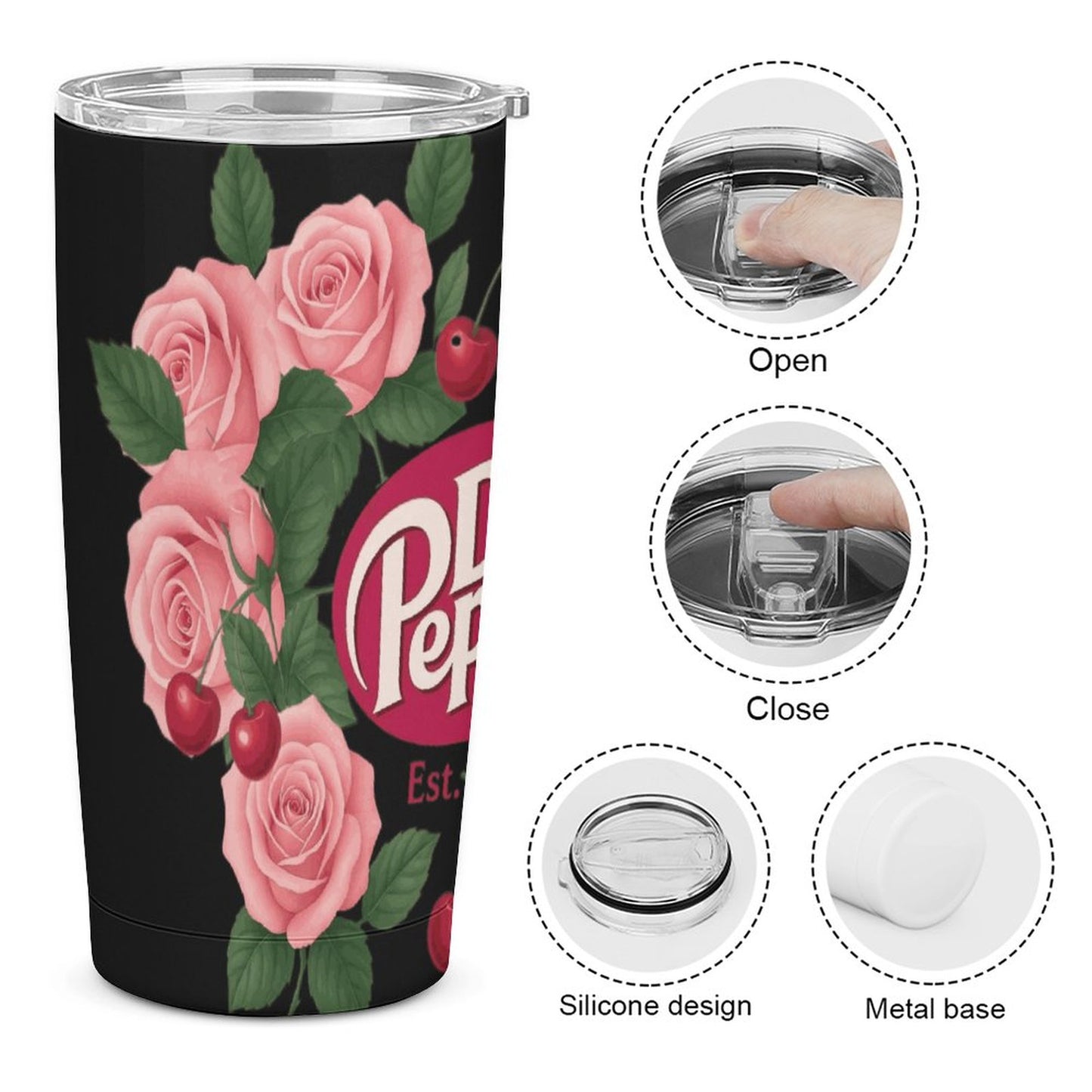 Dr. Pepper Black & Pink Floral Tumbler with Straw | Vintage Cherry Rose Insulated Travel Cup | 20oz Stainless Steel Tumbler