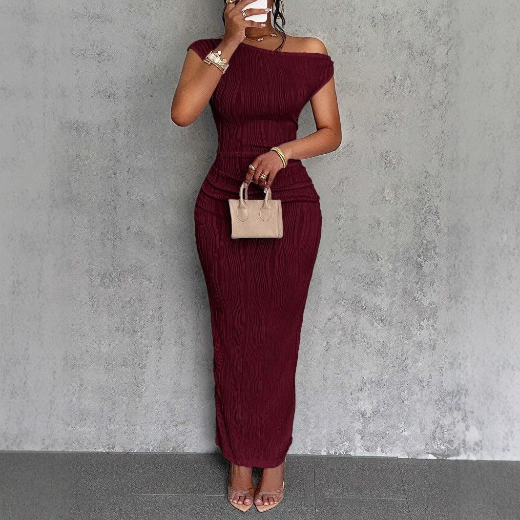 Water Ripple Sloping Shoulder Dress – Elegant One-Shoulder Summer Party Dress