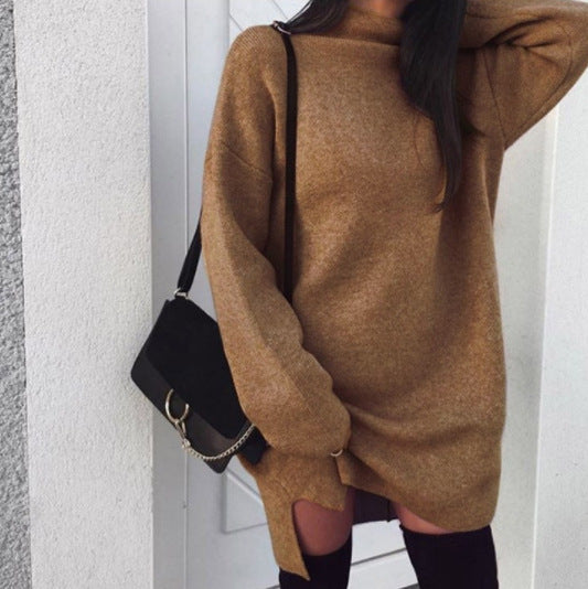 Casual Loose Knit High Neck Split Women Sweater Dress