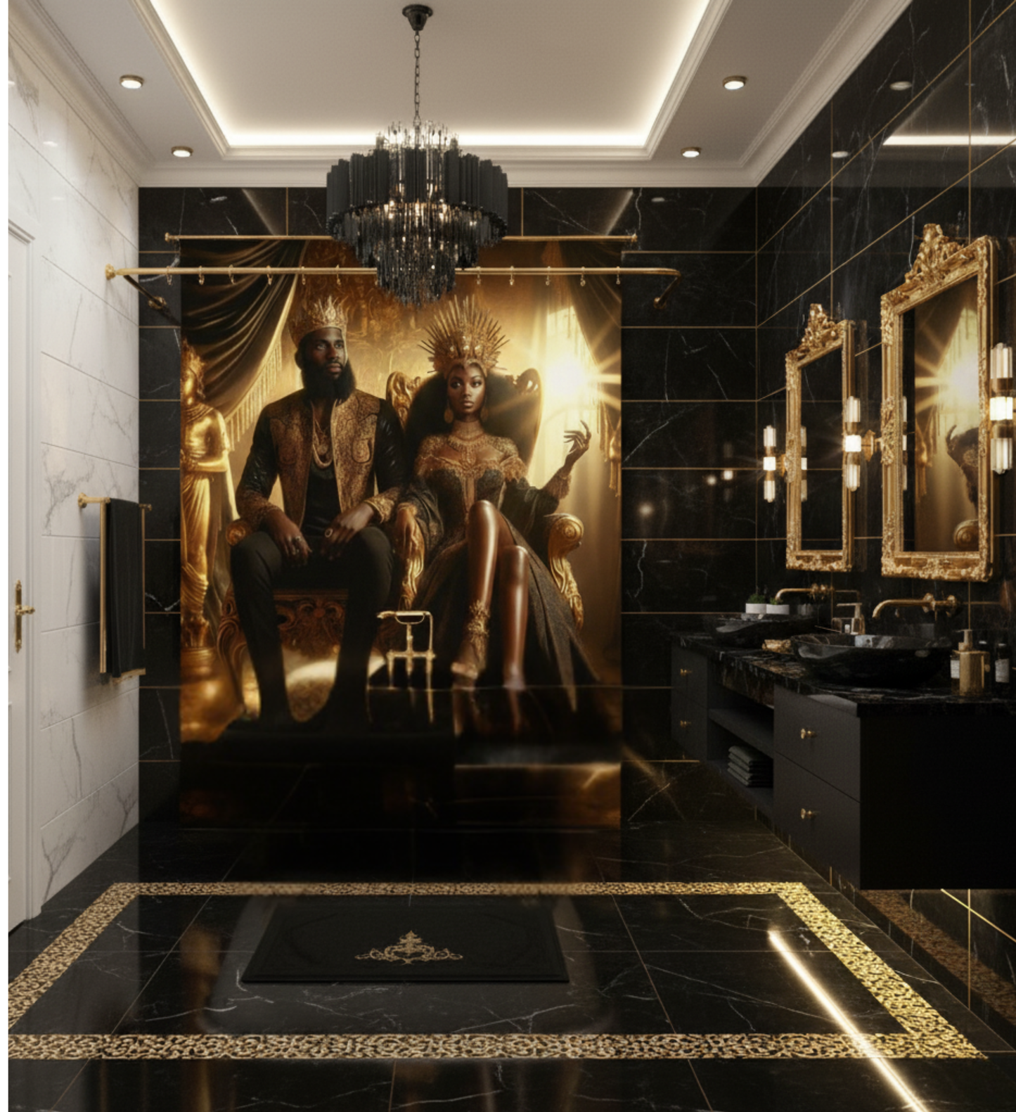 Regal Black and Gold King & Queen Shower Curtain | Luxury African Royalty Waterproof Bath Decor