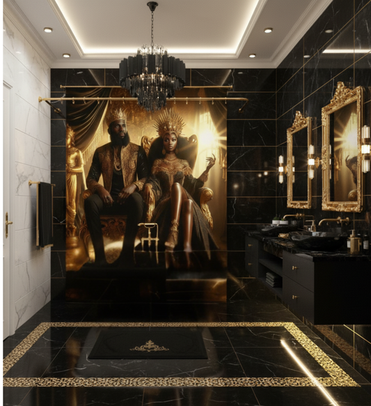 Regal Black and Gold King & Queen Shower Curtain | Luxury African Royalty Waterproof Bath Decor