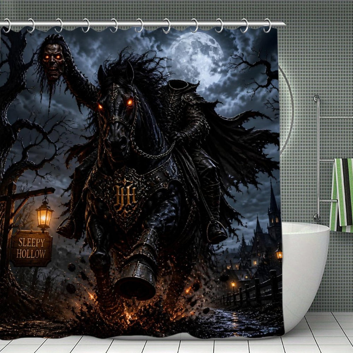 Headless Horseman Shower Curtain, Sleepy Hollow Gothic Bathroom Decor, Dark Fantasy Halloween Shower Curtain, Horror Bathroom Decor