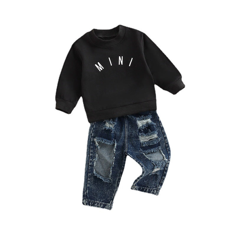 Little Boys Denim Letter Long Sleeve Two-piece Set