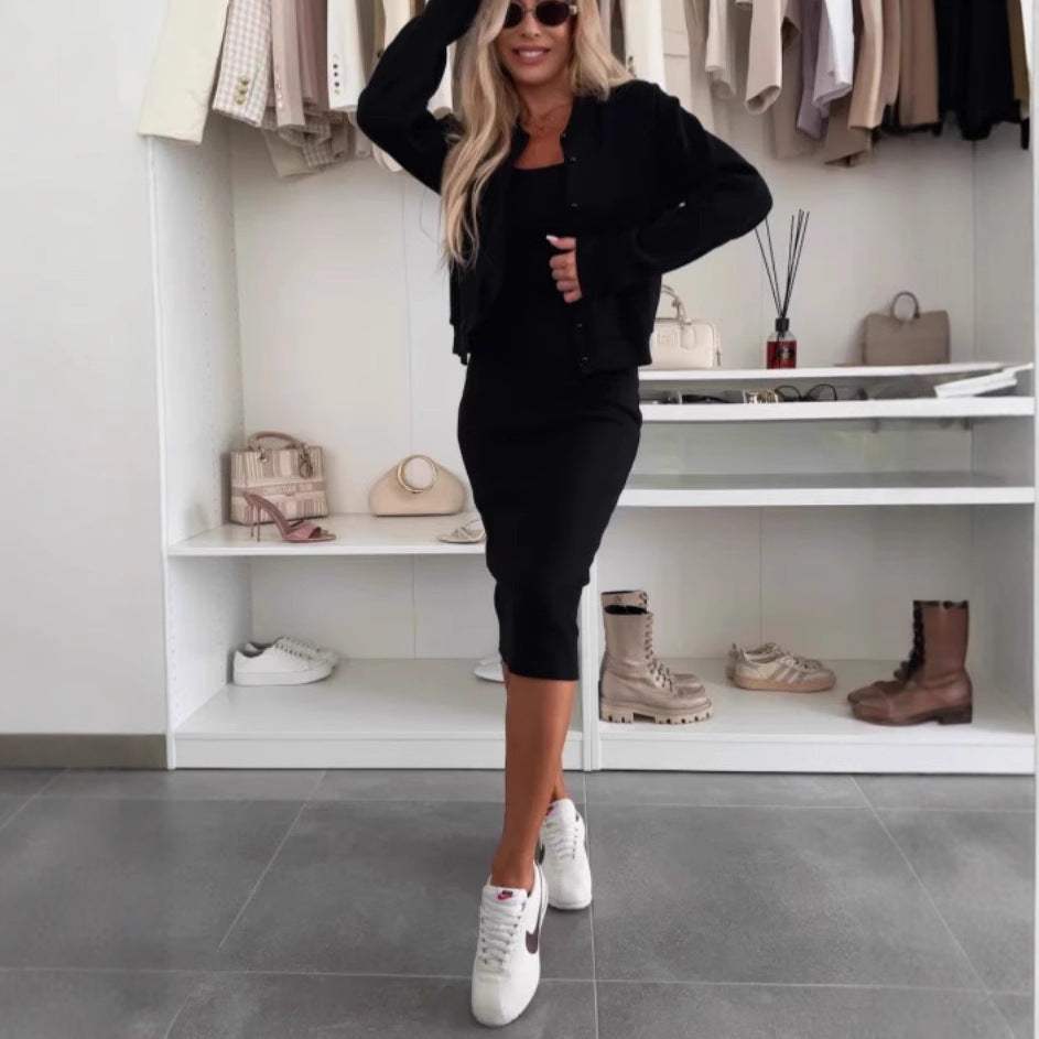 Solid Color Sling Dress & Cardigan Two-Piece Set | Women’s Long Skirt & Outerwear Top | Elegant Casual Outfit