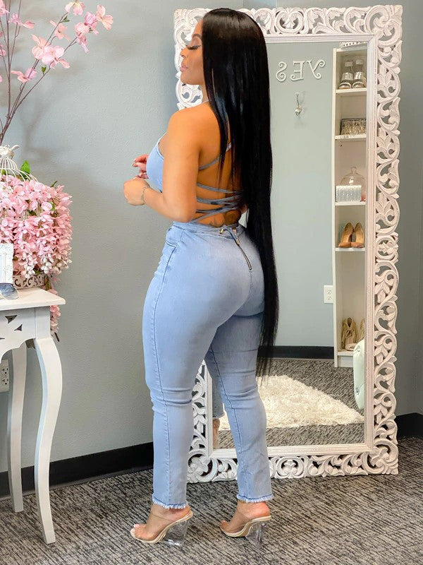 New Casual Slim Sexy Backless Bandage Denim Jumpsuit | Women’s High Waist Suspender Jeans Outfit | Bodycon Streetwear Romper