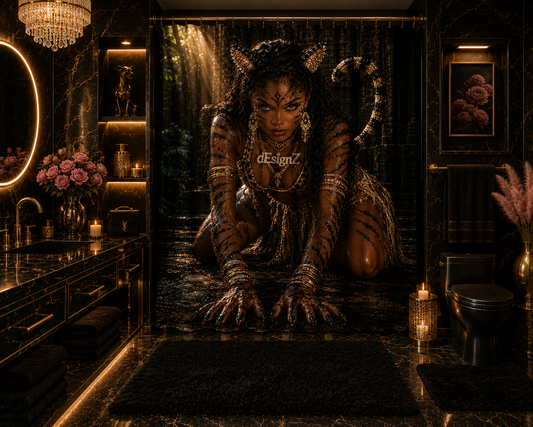 Tiger Queen Luxury Shower Curtain – Modern Black & Gold Jungle Glam Bathroom Decor | Fierce Tribal Goddess Bath Curtain