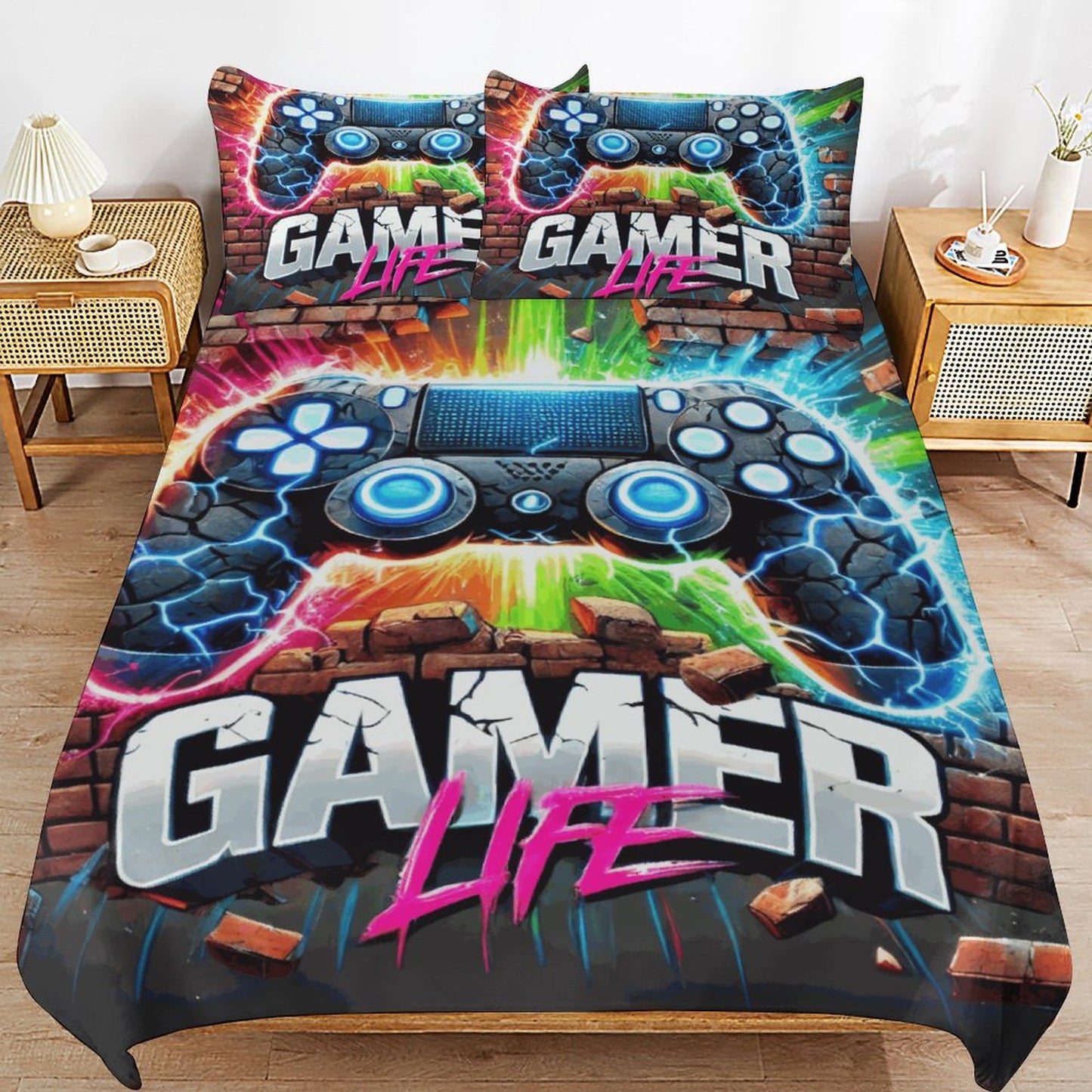 Boys Gamer Life 3-Piece Bedding Set – Dual-Sided Printing – 86"x70" Comforter with Pillowcases – Video Game Bedroom Decor