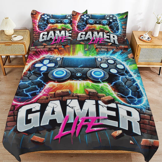 Boys Gamer Life 3-Piece Bedding Set – Dual-Sided Printing – 86"x70" Comforter with Pillowcases – Video Game Bedroom Decor