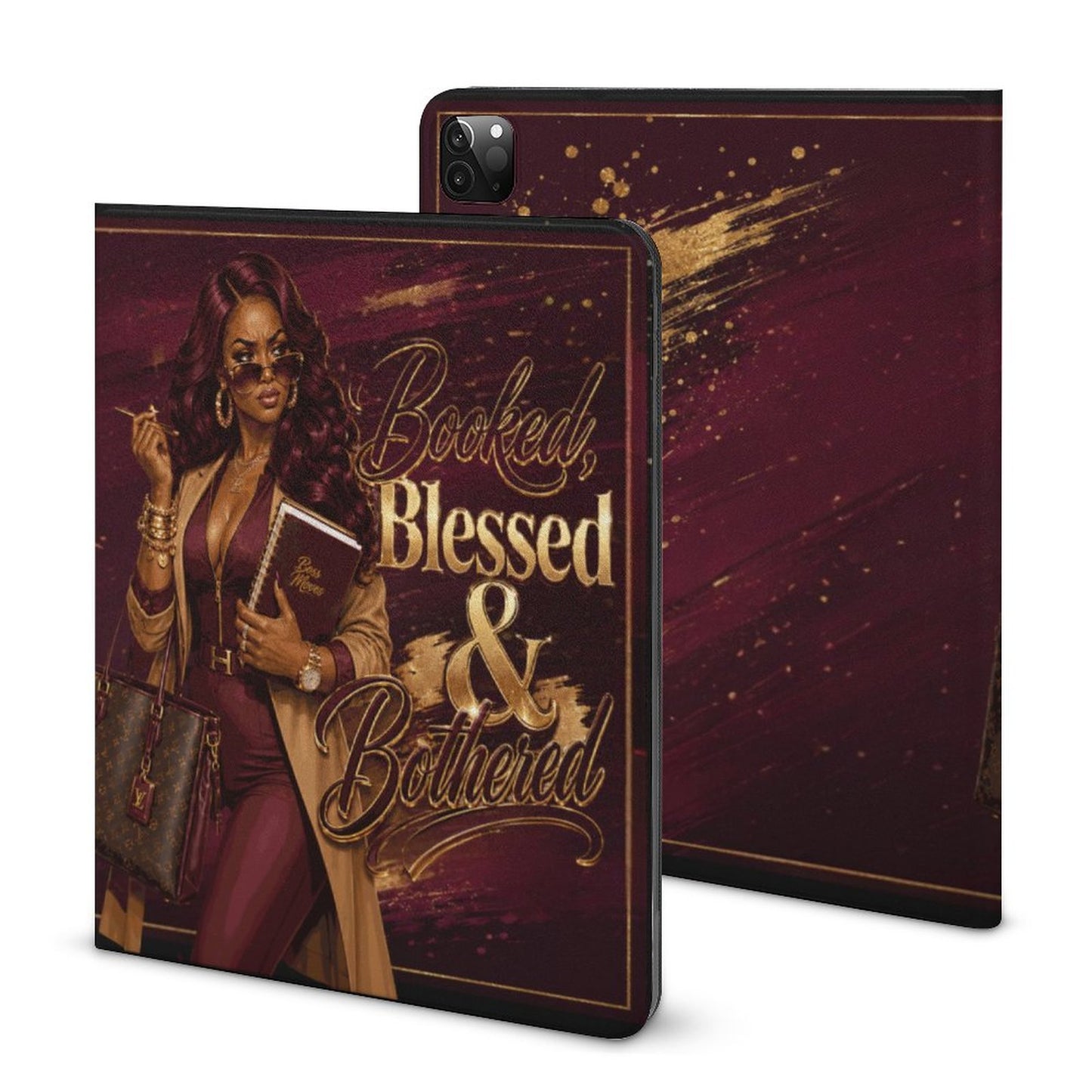 Booked, Blessed & Bothered iPad Case with Apple Pencil Holder | Melanin Boss Lady Tablet Cover | Luxury Burgundy & Gold iPad Protector | Folio Stand Case