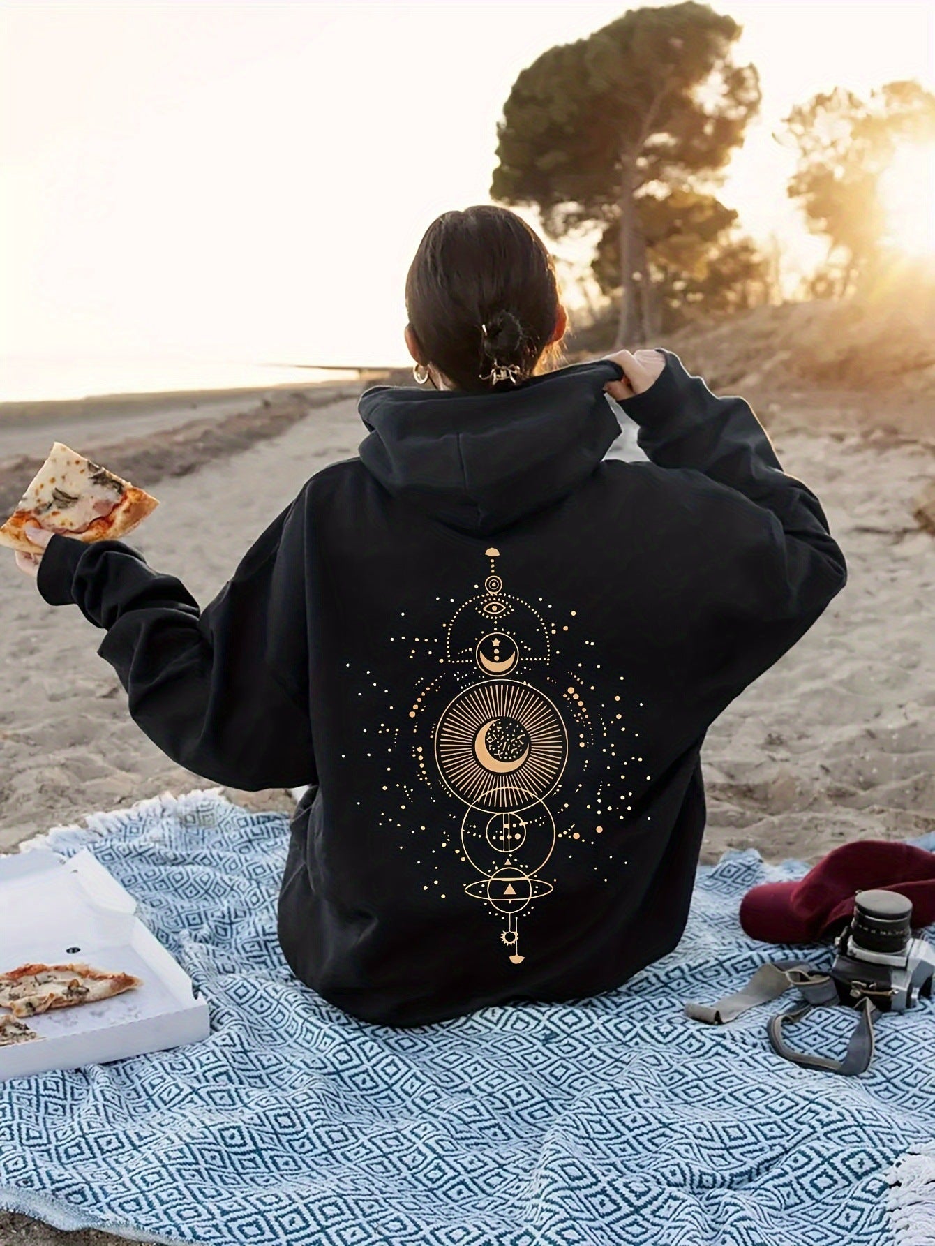 Moon Print Casual Hooded Sweatshirt - Cozy Celestial Style