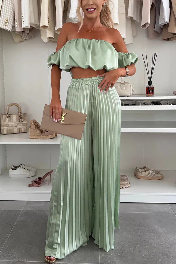 Women’s Satin Tube Top & Wide Leg Pants Set – 2 Piece Elegant Lounge Outfit | Summer Matching Set for Women | Sexy Formal Chic Suit
