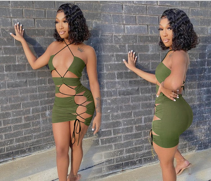 Women's Irregular Drawstring Slim Fitted Dress – Sexy Bodycon Streetwear Dress, Adjustable Ruched Dress, Trendy Summer Night Out Outfit for Women