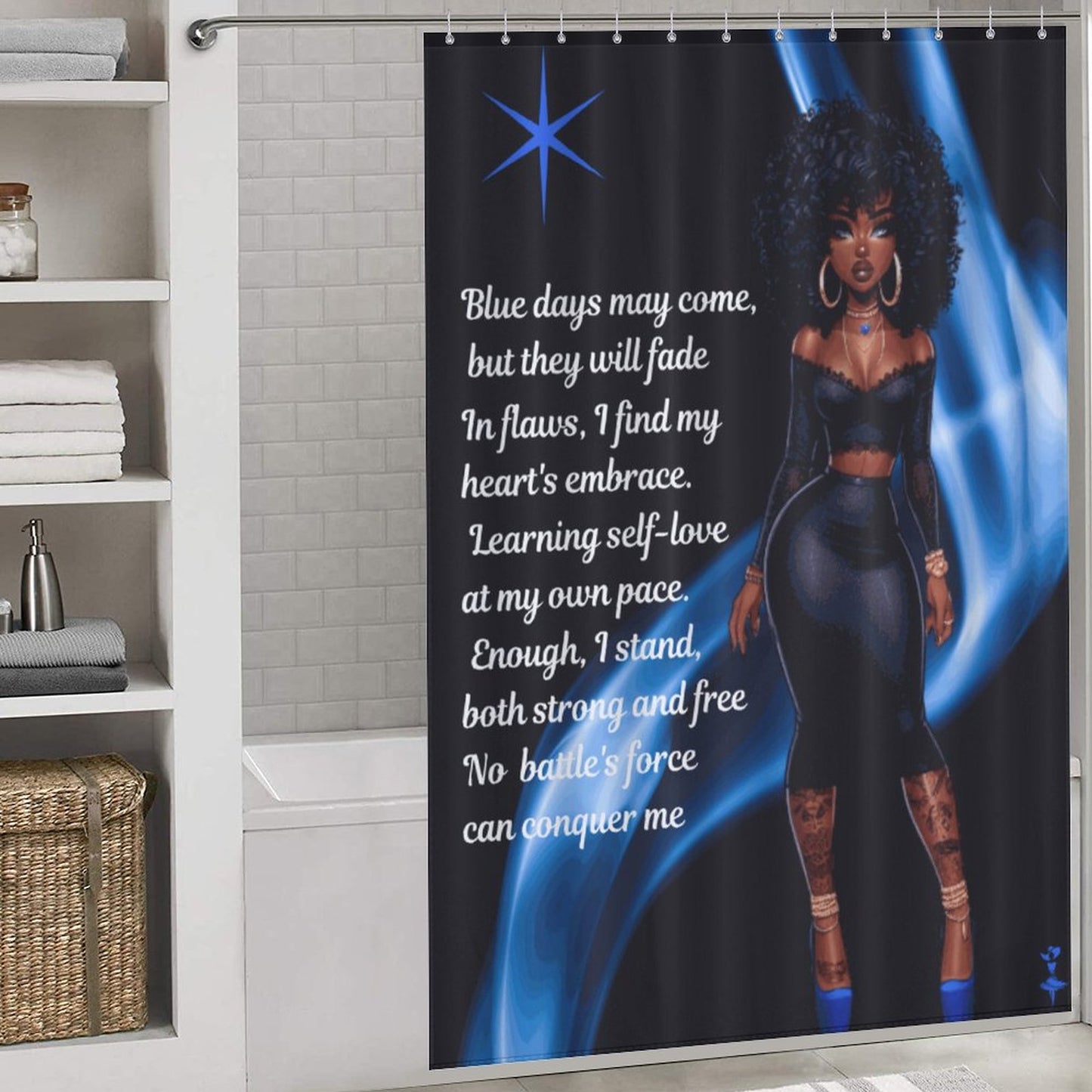 Melanin Doll House Affirmation Shower Curtain/ Master Bathroom/ Black and Blue Guest Bathroom