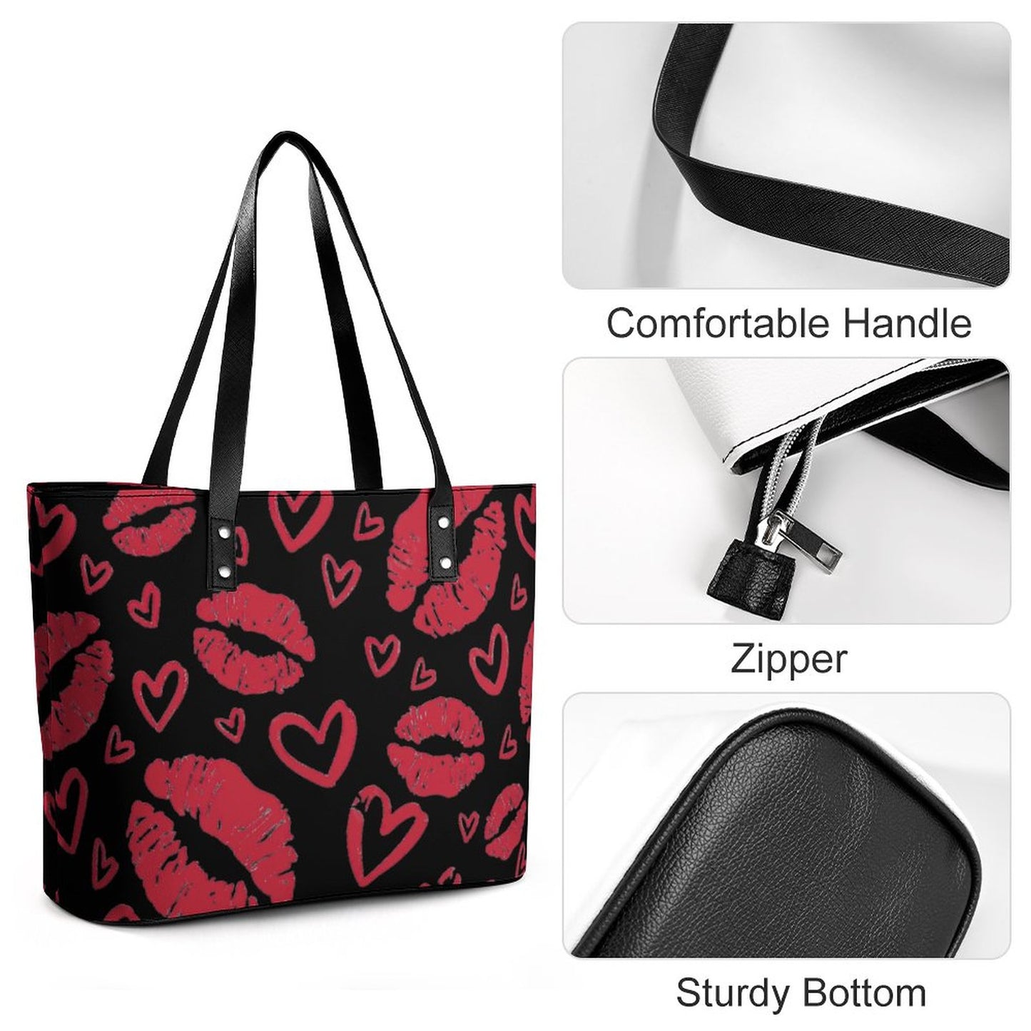 Chic & Bold: Women's Black Tote Bag with Kiss Lips and Hearts