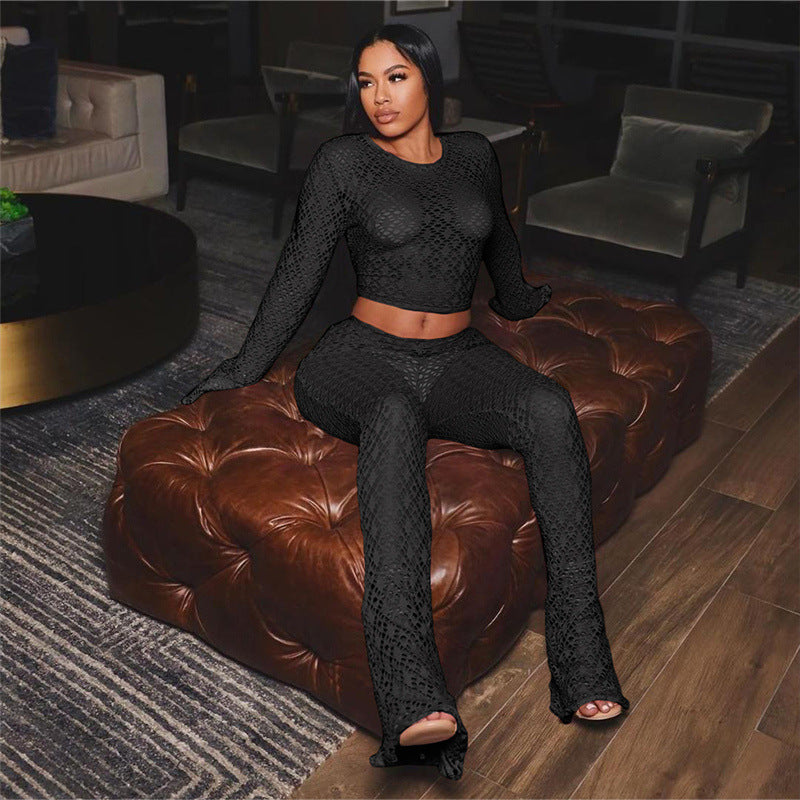 Personality Street Sexy Ripped Bare Midriff High Waist Trousers Suit Women