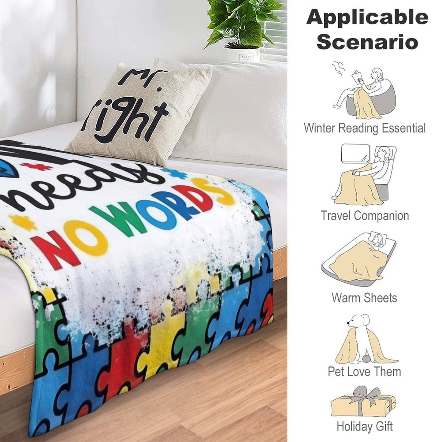 Autism Awareness Love Needs No Words Flannel Blanket – 280GSM Ultra Soft Throw | Puzzle Piece Design | Cozy Gift for Autism Support | 50"x60"