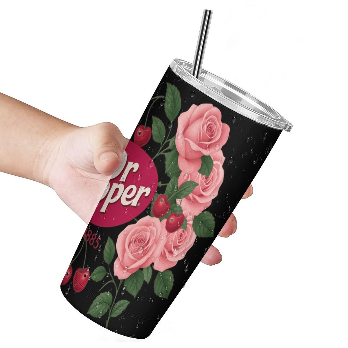 Dr. Pepper Black & Pink Floral Tumbler with Straw | Vintage Cherry Rose Insulated Travel Cup | 20oz Stainless Steel Tumbler
