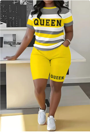 Women's Queen T-Shirt and Striped Letter 3D Printed Shorts Set – Summer 2-Piece Matching Outfit Loungewear