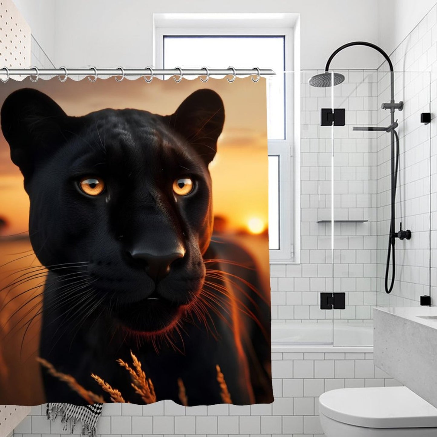 Black Panther Shower Curtain | Luxury Wildlife Bathroom Decor | Majestic Panther Sunset Bath Curtain | Safari Animal Bathroom Set | Modern Black Gold Bathroom Decor