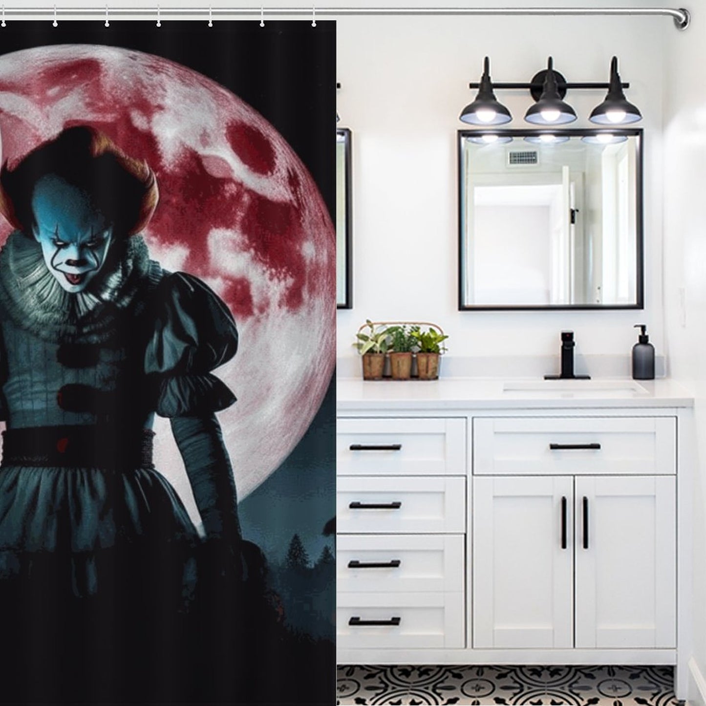 Creepy Horror Bathroom Decor | Scary Clown Shower Curtain | Haunted House Halloween Bathroom