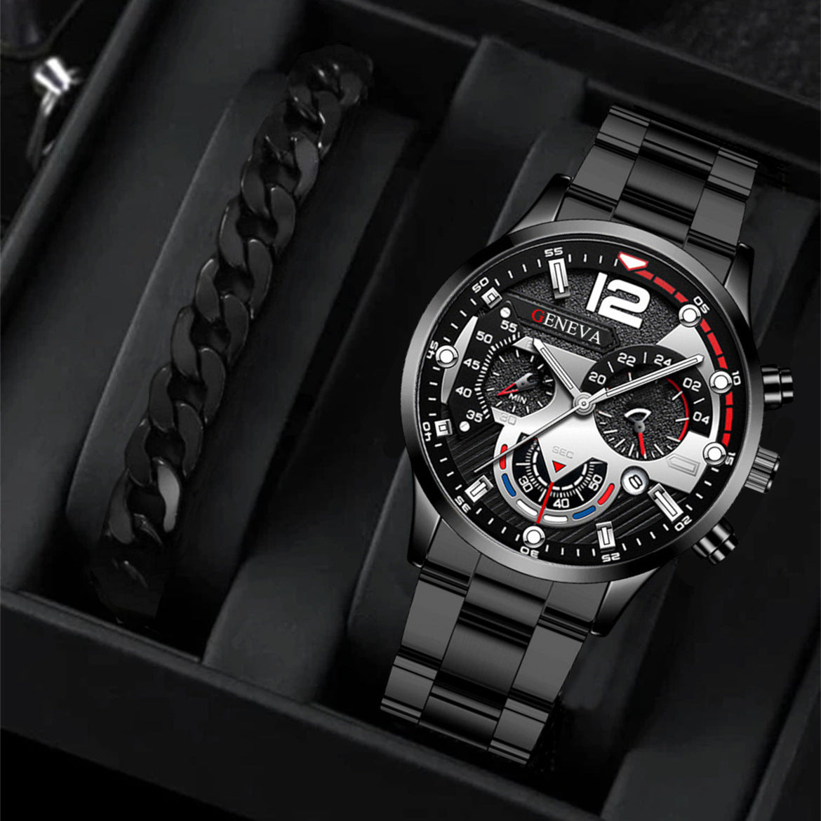 2Pcs Men’s Luxury Steel Strip Quartz Watch & Bracelet Set – Fashion Business Three-Eye Wristwatch Set for Men | Modern Elegant Gift Set