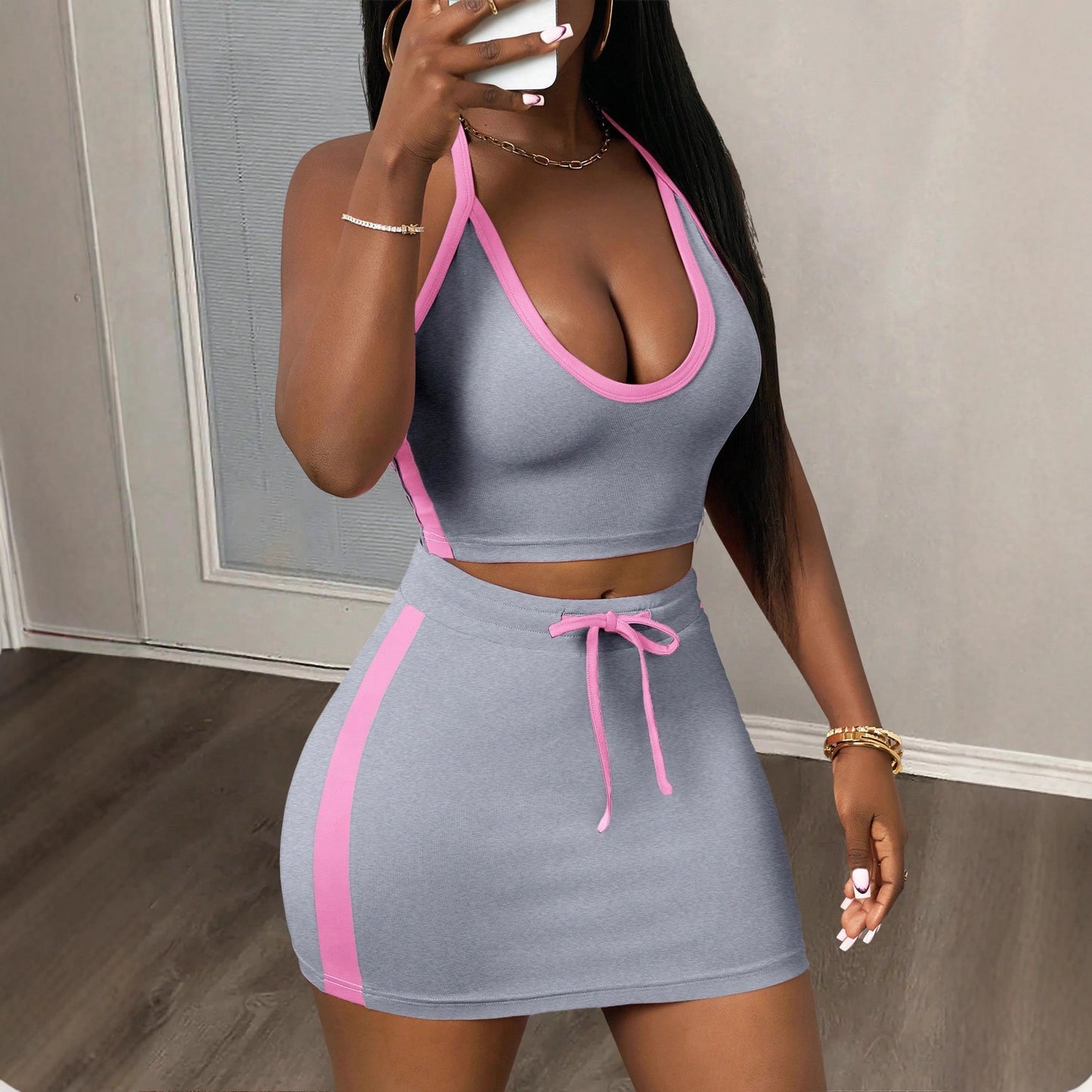 Women’s Halter Neck Lace-Up Backless Tank Top and Sheath Midi Skirt Set | Sexy Summer Two Piece Outfit | Elegant Bodycon Matching Set