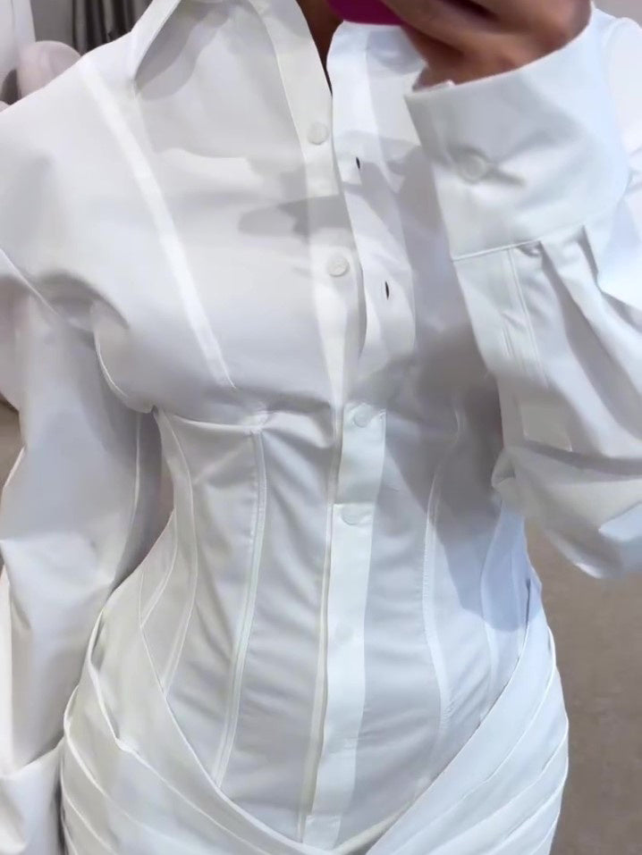 White Pleated Long Sleeve Shirt Dress – Elegant Button-Down Belted Midi Dress for Women
