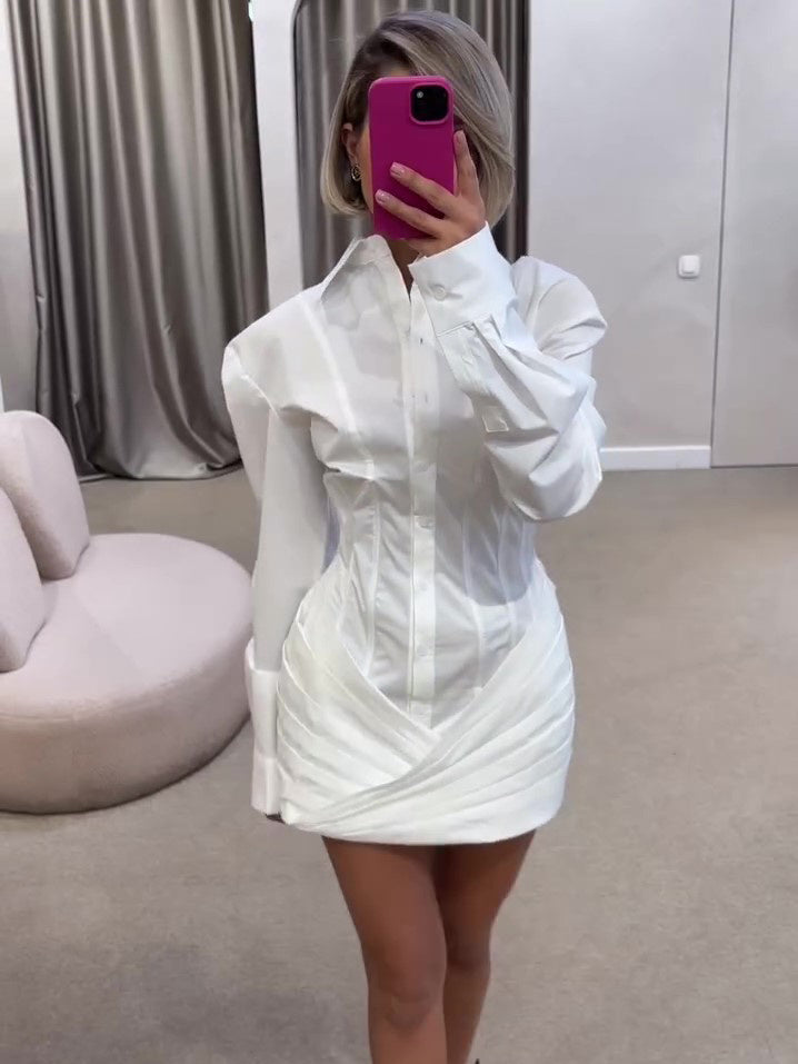 White Pleated Long Sleeve Shirt Dress – Elegant Button-Down Belted Midi Dress for Women