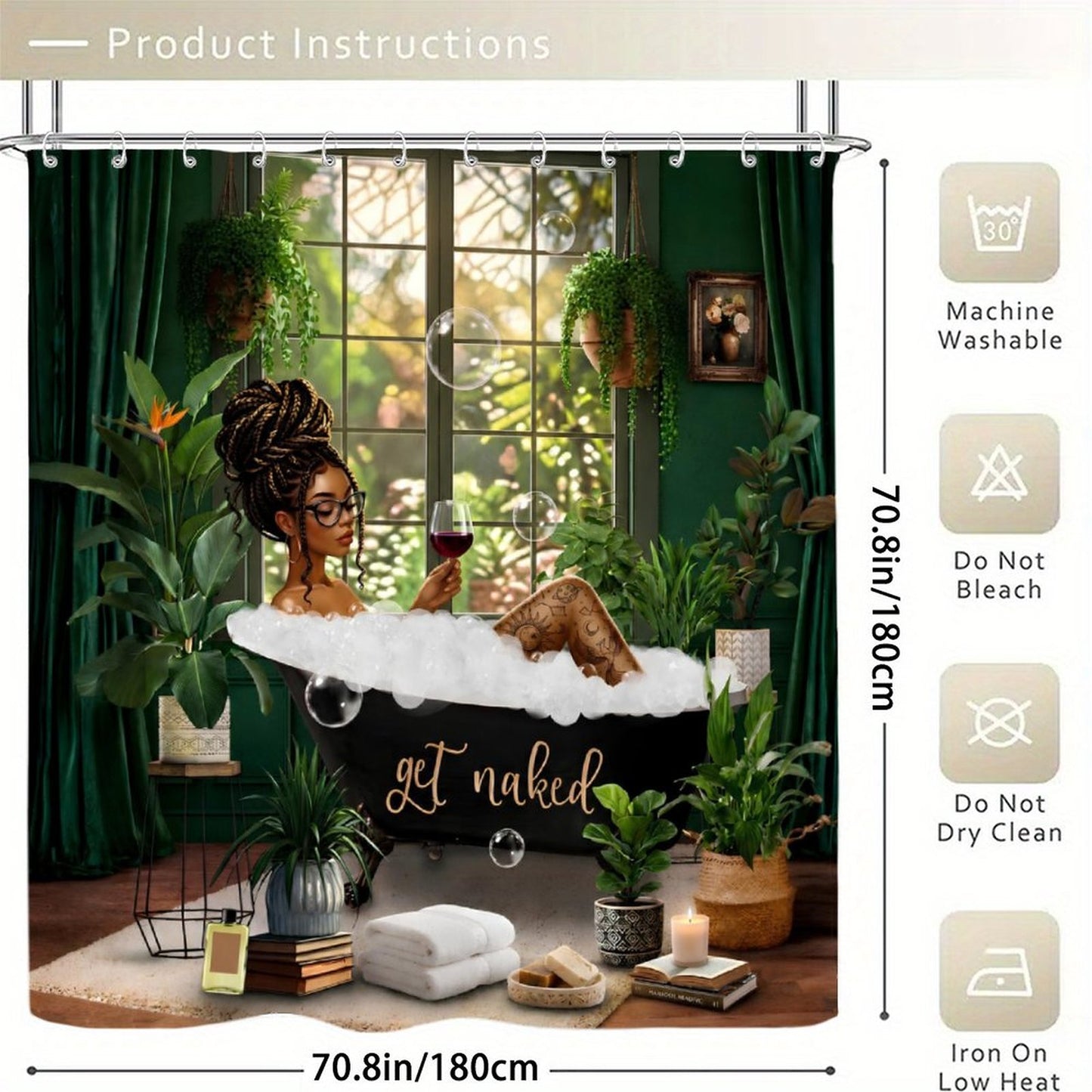 Boho Black Girl Shower Curtain Set, Green Botanical Bathroom Decor, Afro Queen Bubble Bath Curtain, Melanin Bathroom Aesthetic, Get Naked Bath Decor