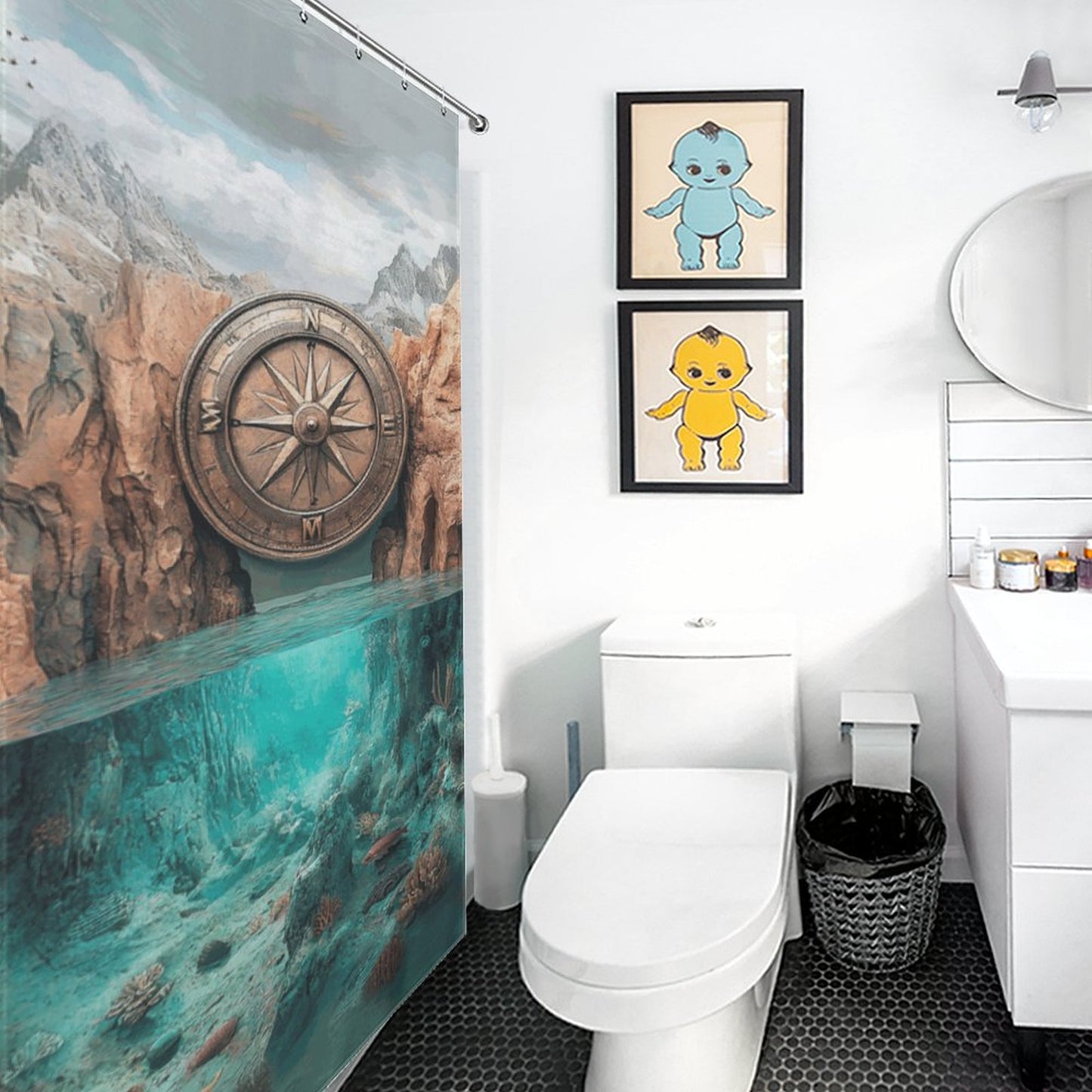 Compass with Mountain Over Water Shower Curtain | Nature Adventure Bathroom Decor | Wanderlust Compass Map Rustic Scenery Curtain