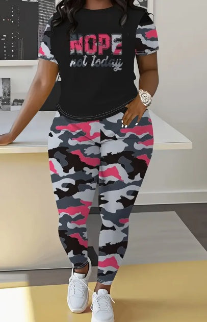 Women’s Camo "Nope Not Today" Lounge Set – Printed Round Neck Tee and Matching Leggings – 2 Piece Casual Outfit