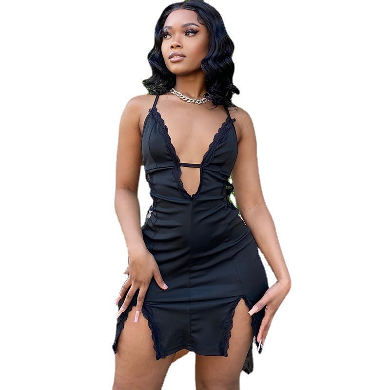 Sexy Hollow-Out Lace Patchwork Camisole Sheath Dress with Side Slit – Elegant Clubwear & Party Outfit for Women