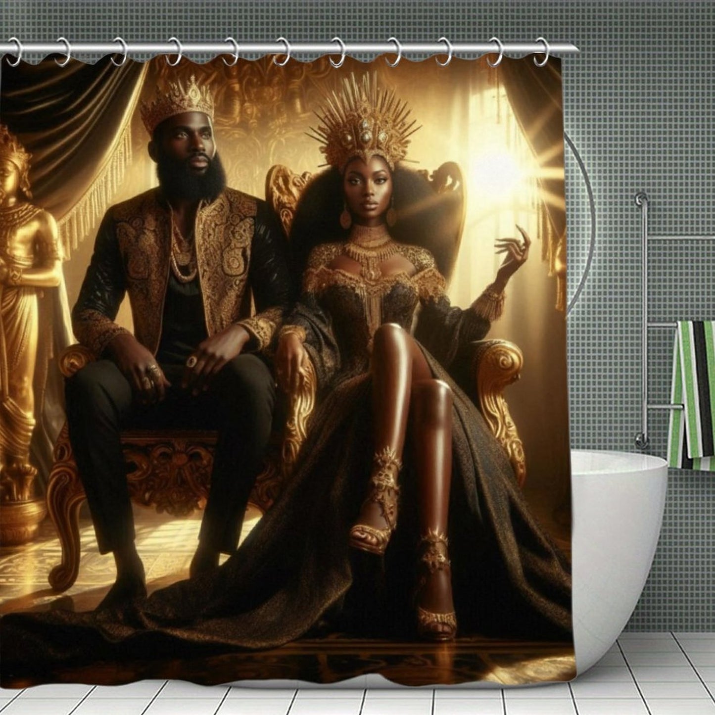 Regal Black and Gold King & Queen Shower Curtain | Luxury African Royalty Waterproof Bath Decor