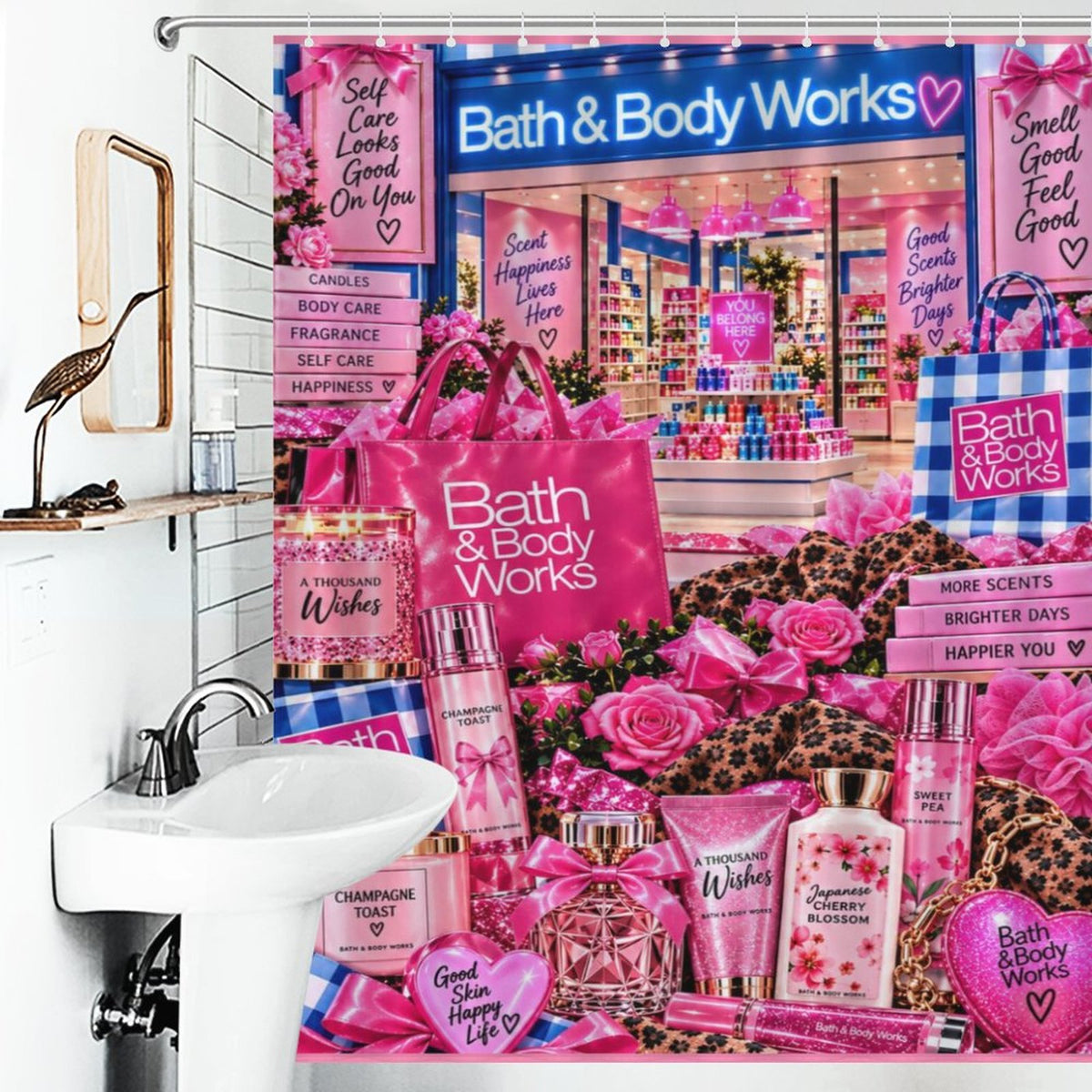 Pink & Blue Self Care Shower Curtain, Girly Bathroom Decor, Perfume Candle Floral Collage, Glam Beauty Bathroom