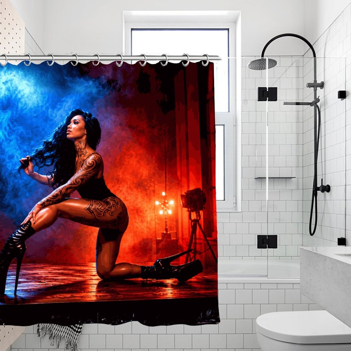Luxury Tattooed Beauty Waterproof Shower Curtain | Romantic Gothic Bathroom Decor | Moody Red & Blue Glam Bath Curtain | Sexy Modern Bathroom Art
