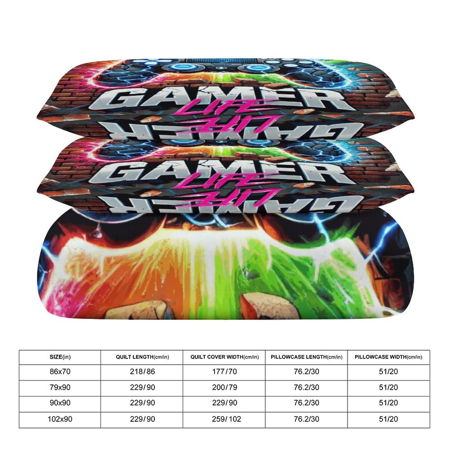 Gamer Life 3-Piece Bedding Set – 90"x90" Dual-Sided Print Comforter & Pillowcases | Video Game Themed Bedroom Decor Gift