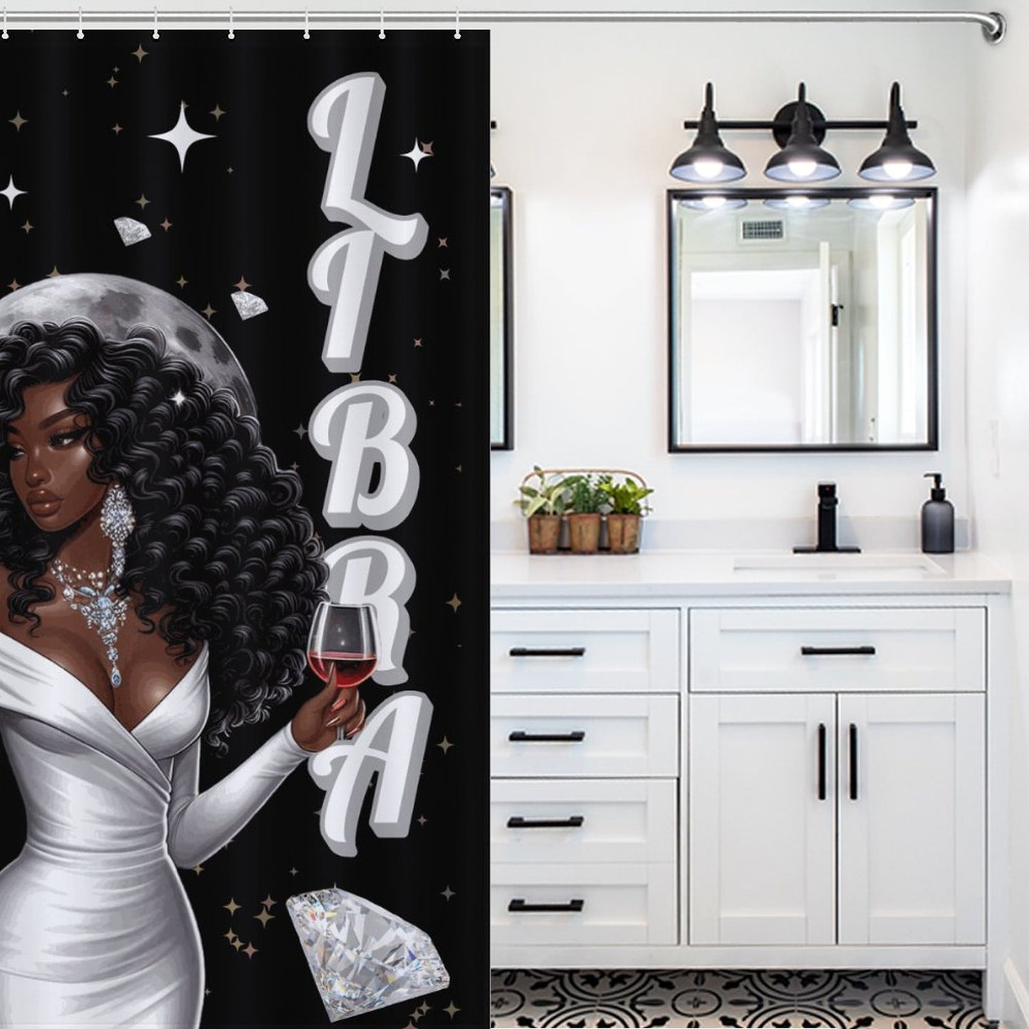 Melanin Libra Women with Diamonds Shower Curtain – Zodiac-Inspired Luxury Bathroom Decor