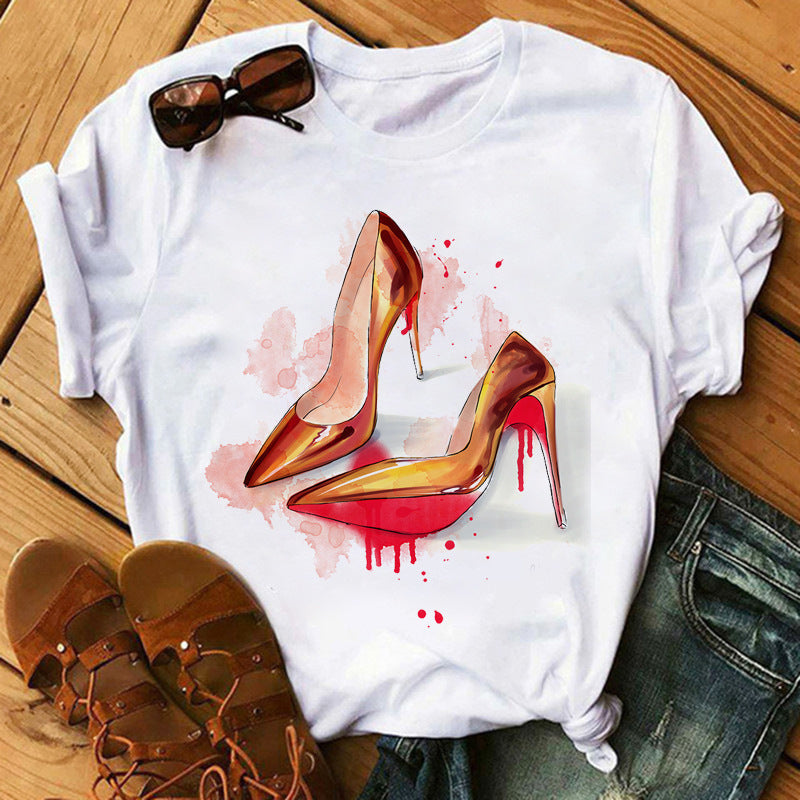 Women's High Heels Pattern Cute Loose Top T-shirt