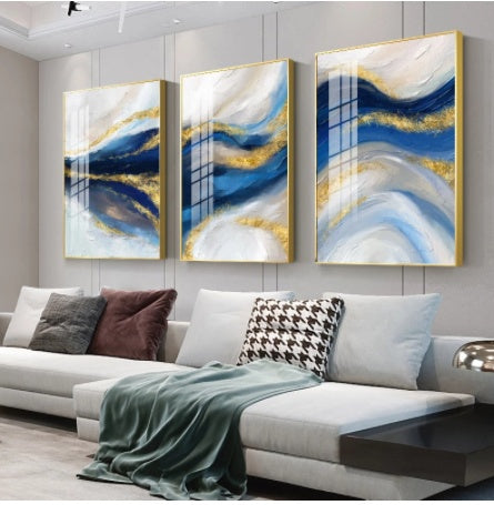 Abstract Canvas Painting Blue Gold White – Modern Wall Art Contemporary Home Living Room Décor