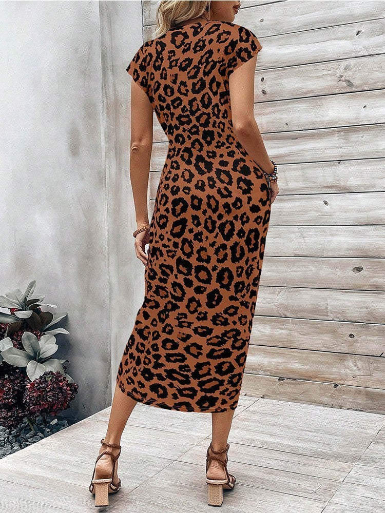 Elegant Striped Waist Strap Two-Piece Dress Set – Round Neck Short Sleeve & Long Skirt for Women