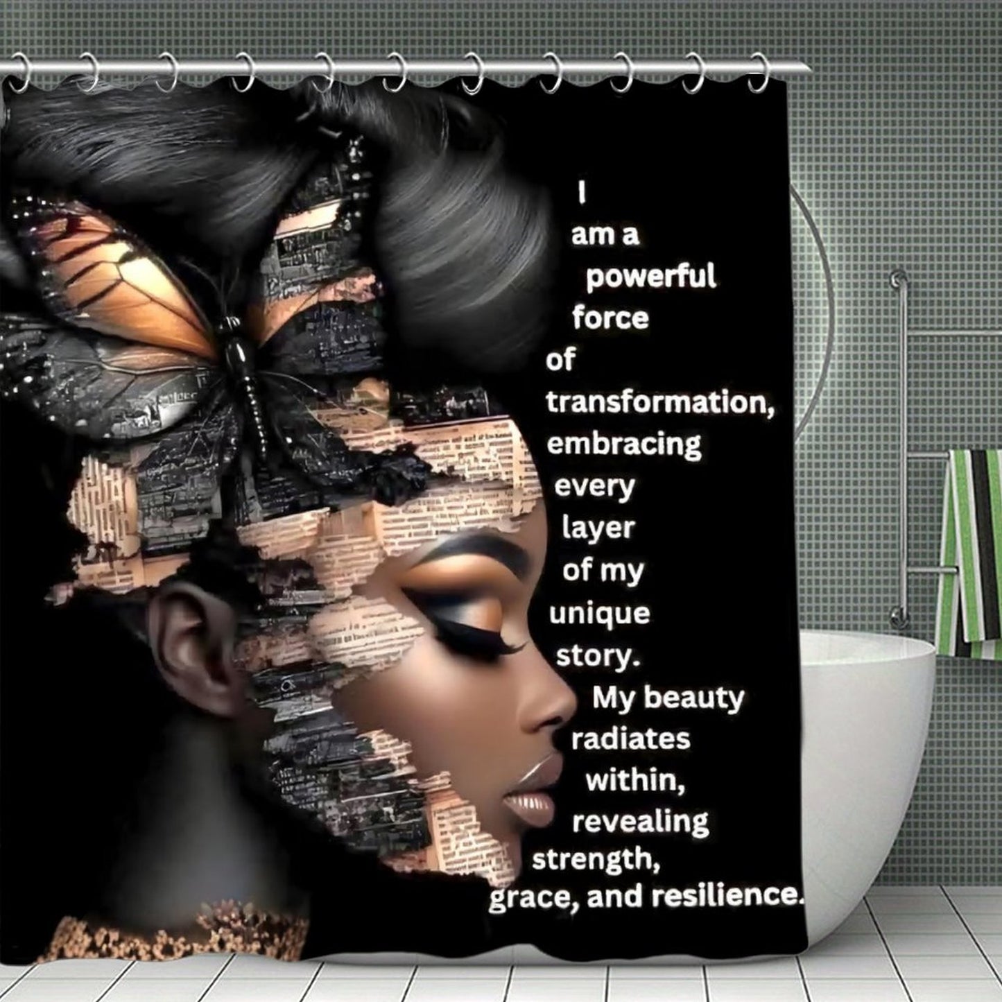 Empowered Transformation Shower Curtain – Black Woman Butterfly Art, Resilience & Strength Inspirational Bathroom Decor