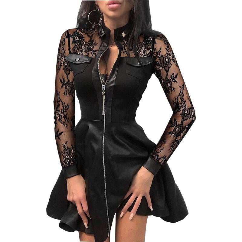 Long Sleeve V-neck Zipper Pu Pocket Dress Women's Clothing